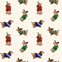 A seamless watercolor Christmas pattern featuring dachshunds in New Year's hats on a pastel background. Illustration for printing on paper, fabric, or sublimation