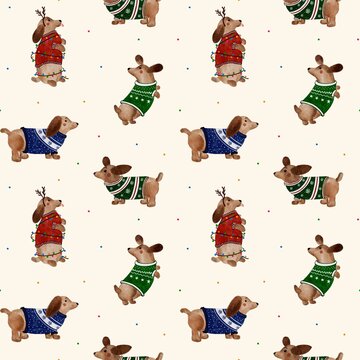 A seamless watercolor Christmas pattern featuring dachshunds in New Year's hats on a pastel background. Illustration for printing on paper, fabric, or sublimation