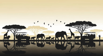 African Safari Silhouette with Animals and Jeeps at Sunset. © MilioDerestd.co
