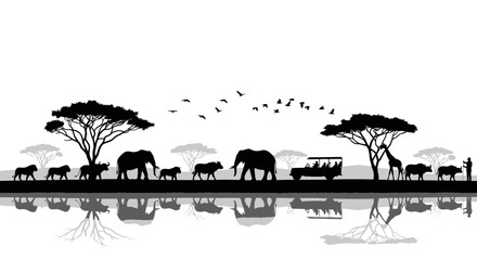 African Wildlife Silhouette - Elephants, Lions, Giraffe, and Safari Vehicle in Black and White.
