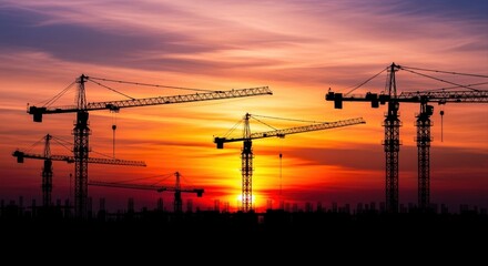 construction cranes silhouetted against vibrant sunset sky in urban cityscape