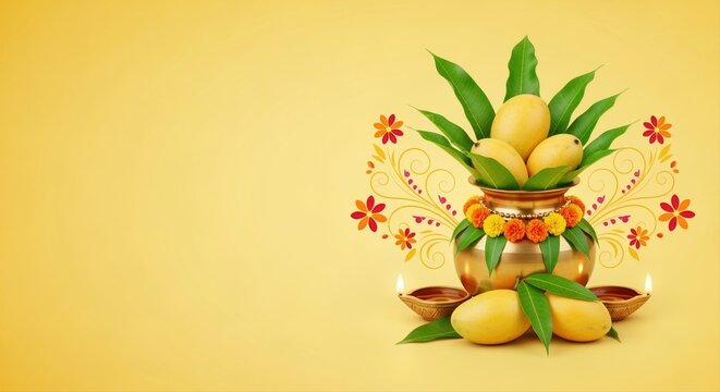 traditional south indian ugadi festival with mangoes and brass pot on yellow background