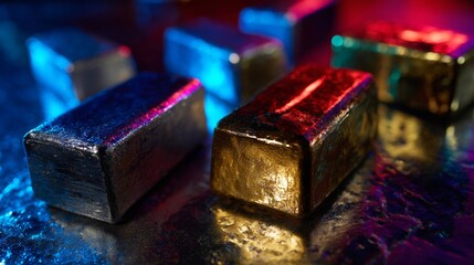 Close-up of artistic soap bars with metallic finish for handmade skincare, product styling or luxury spa visuals