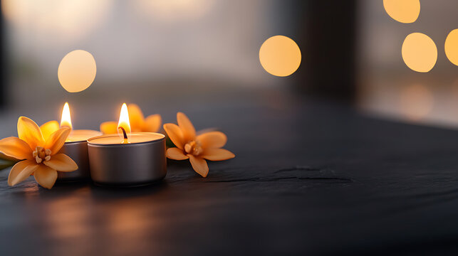 Warm candles and delicate floral accents create a serene, glowing ambiance.  Soft bokeh lights enhance the calming atmosphere on a dark surface. A moment of peace.