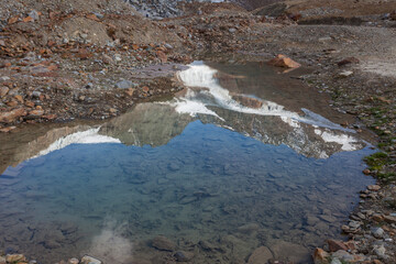 Glaciers and mountains reflected on a crystal clear pond. Vallelunga, Alto Adige, Italy