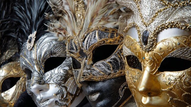 Closeup of decorative carnival masks for costume, masquerade, cultural festivity or mysterious artistic photography visuals