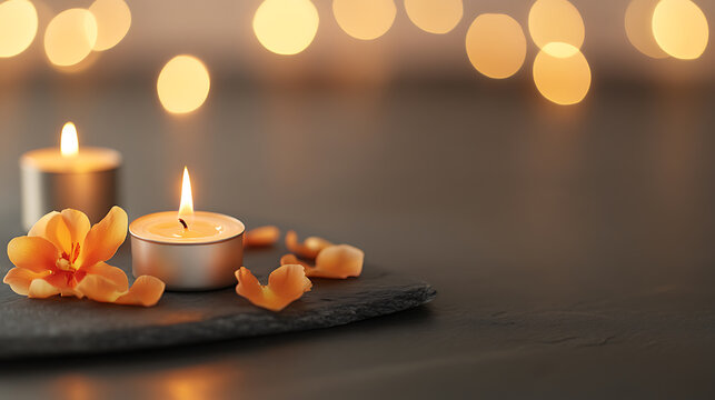 The image captures a serene and intimate ambiance, with soft candlelight and delicate floral petals adding a touch of elegance and tranquility. It evokes warmth and relaxation. - Powered by Adobe