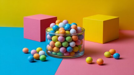 Colorful candies in jar with geometric blocks for children products, sweets, branding or fun compositions