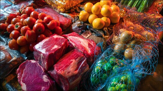 Plastic packaging with fruits for sustainability, pollution, waste management or environmental awareness campaign visuals