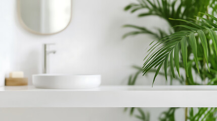 A serene minimalist bathroom scene featuring a round sink, a sleek faucet, and lush green foliage, offering a spa-like ambiance. Clean white palette enhances tranquility.