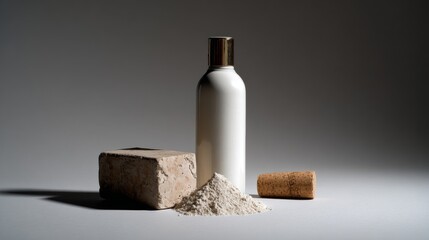 Minimalist white bottle with powder and corks on clean background for cosmetic, branding or skincare product visuals
