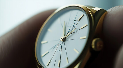 Close-up of a gold watch with a cracked face, resting on a finger. Captures a sense of fragility or broken time. A reminder of time's relentless march forward.