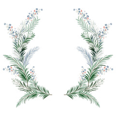 Naklejka premium Watercolor evergreen wreath with pine and spruce branches. Christmas and New Year decoration. Isolated circular element for postcard or festive design.