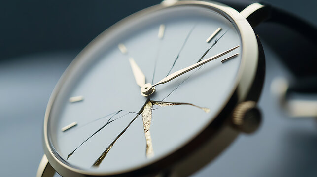 Close-up of a cracked watch face; symbolizes broken promises or the fragility of time. Gold hands & bezel suggest elegance disrupted. The cracked glass conveys damage & disruption.