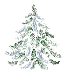 Watercolor cartoon Christmas tree without decorations. Hand drawn pine illustration for winter design and holiday card. Isolated evergreen element.
