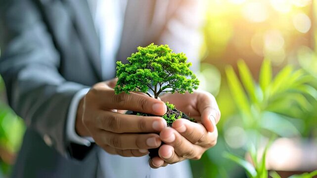 Person holding a small tree in hands, environmental protection concept.