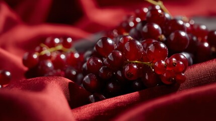 Red currants on silky fabric surface for luxury dessert, fruit styling or gourmet food branding photography visuals