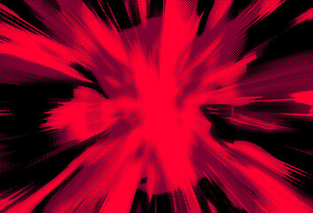 Manga-style background explodes in a dynamic radial burst of dotted red, magenta, and black rays from a glowing center. Sharp, streaking lines convey intense speed and power.