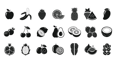 Food fruits glyph icon set. Vector pictograms of banana, strawberry, pineapple, watermelon, grapes, mango, blueberries, peach, cherry, lemon, avocado, pear, kiwi, black sign silhouette illustration