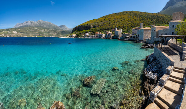 Greece, Mani Peninsula, Laconia, Limeni - 3 April 2024 - Limeni and its turquoise and crystalline sea