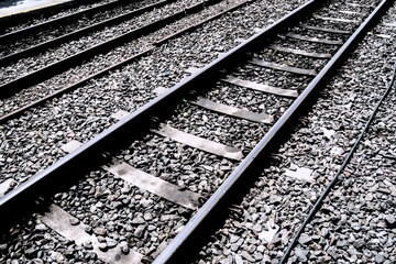 Industrial Railtrack Detail View of Metal Railway Tracks on Gravel Bed