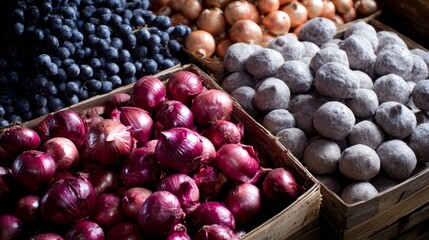 Fototapeta premium Wooden crates filled with colorful root vegetables for farmers market, organic food, agriculture or harvest produce visuals