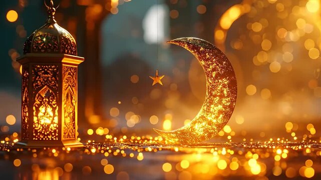 Golden Ramadan Lantern and Crescent Moon with Sparkling Lights.