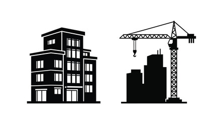 Black and white illustration depicting a building and construction crane scene © MALA