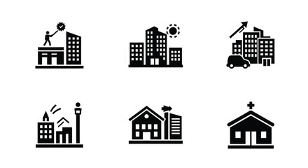 Black silhouettes depicting various architectural structures and urban components