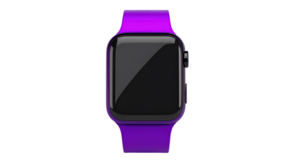 Purple smartwatch with dark screen against black backdrop; futuristic wearable tech gadget accessory