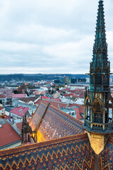 Kosice, SLovakia - 28 December 2019: View over the old city centre of Koshice from the Cathedral of St Elizabeth with some close-up details of the exterior