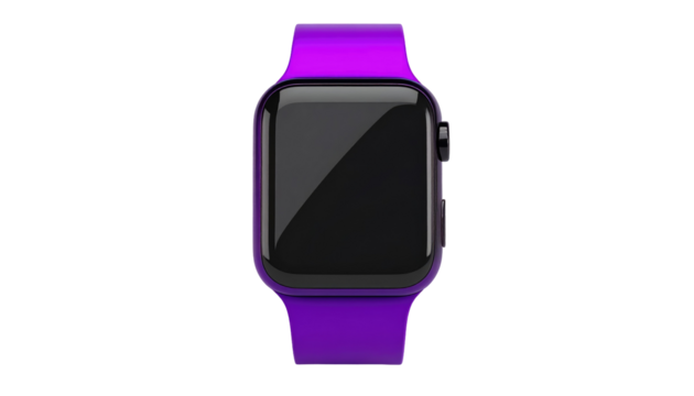 Purple smartwatch with dark screen against black backdrop; futuristic wearable tech gadget accessory