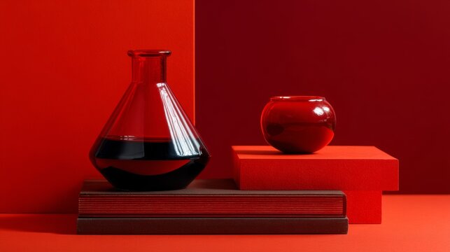 Scientific red liquids in glass flasks on red background for chemistry branding, laboratory visuals or modern science product designs