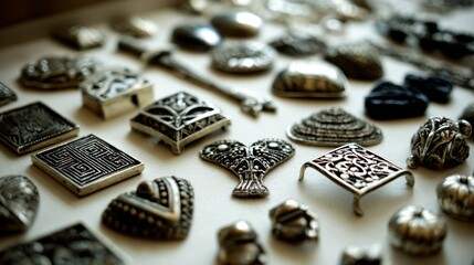 Collection of metallic antique jewelry pieces arranged on light surface for vintage fashion styling or artisanal design presentation