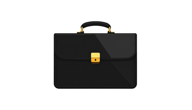 Sleek black briefcase with gold accents, isolated on black, with slight gloss highlights