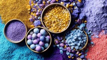Colorful powdered pigments and candy in bowls on textured surface