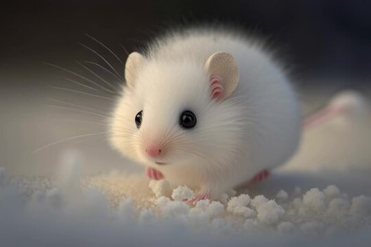 A small white fluffy mouse carefully walks across a blanket of soft, sparkling snow, its delicate paws leaving faint tracks as its fur blends almost perfectly into the wintry landscape