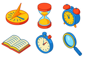 Vibrant Timekeeping Icons. Isometric vector illustration set Horology Study: sundial design, hourglass flow, clock alarm,