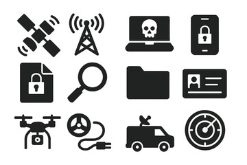 Intelligence Gathering Icons. Solid style icons of intelligence gathering: satellite, listening tower, hacking laptop, secure