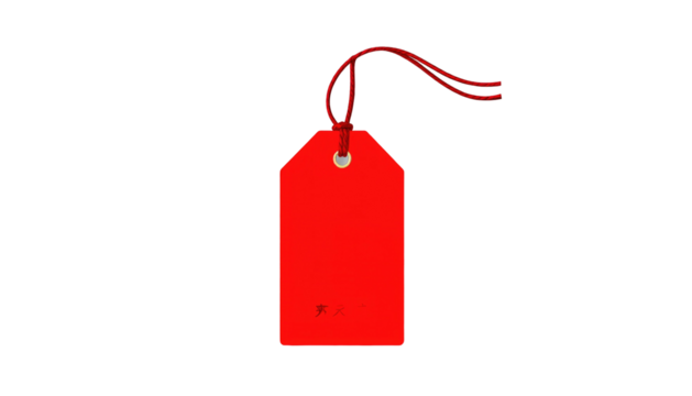 A vibrant, minimalist, red tag with string, isolated on black, offering space for text or promotional material
