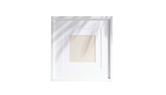 White picture frame with matting, empty interior, and palm frond shadows falling across the top left corner of frame