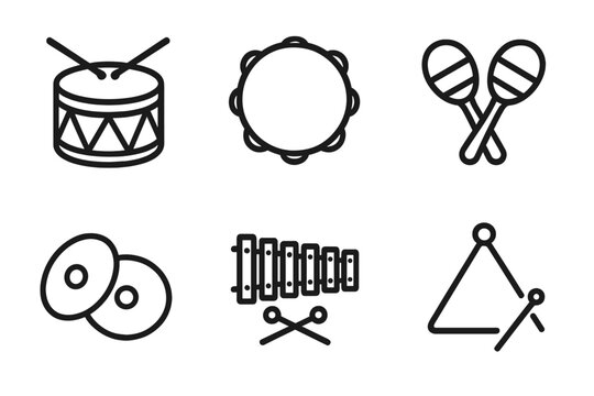 Percussion Icon Set. Line style icons of percussion instruments: drums, tambourine, maracas, xylophone, cymbals, triangle. No text