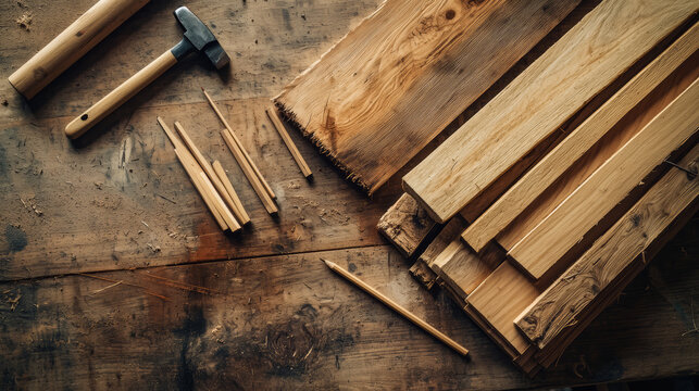 Overhead View of DIY Project Showing Hammer Wood and Wooden Planks