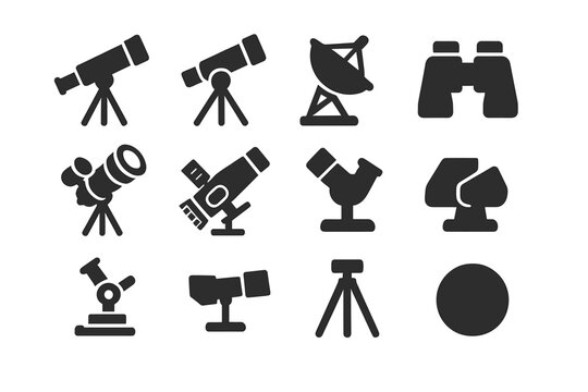Solid Telescope Icons. Solid style icons of telescopes: refractor telescope, reflector telescope, radio telescope, binoculars,