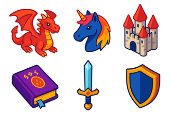 Mythical Icons Collection. Isometric vector illustration set Mythical Icons: dragon with wings, unicorn head, fairy-tale castle,