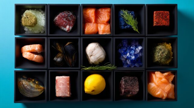 Gourmet food assortment in wooden display box for luxury culinary photography or restaurant branding product visuals and promotions