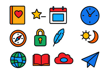 Bright Journaling Icons. Flat vector icons of journaling symbols: heart on page, star bullet point, calendar page, clock face,