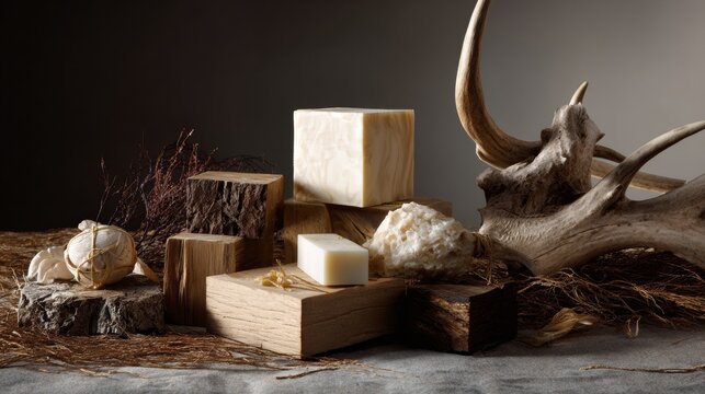 Natural soap and antlers on wood for rustic grooming product branding or masculine organic skincare photography and nature-inspired visuals