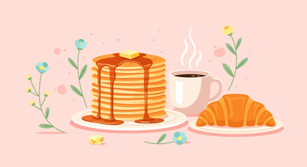 A delicious stack of pancakes with butter and syrup, a croissant, and a cup of coffee, set against a soft pink background with delicate flowers.