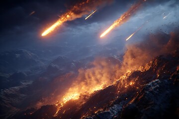 Meteors impact a massive, fiery mountain range, symbolizing cataclysmic events, existential threats, global crisis, and ultimate destruction.